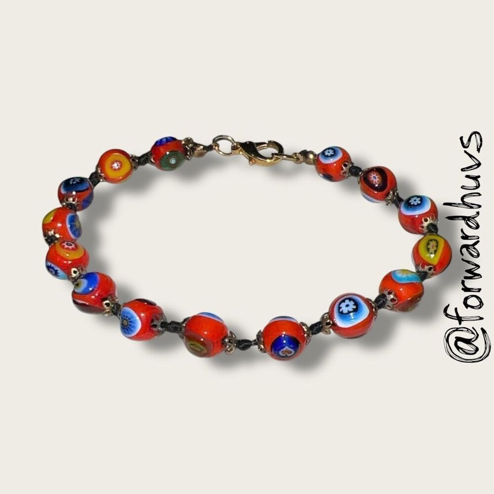 Colorful Millefiori‑Style Beaded Bracelet – 7.5” – Brass Tone Crab Clasp